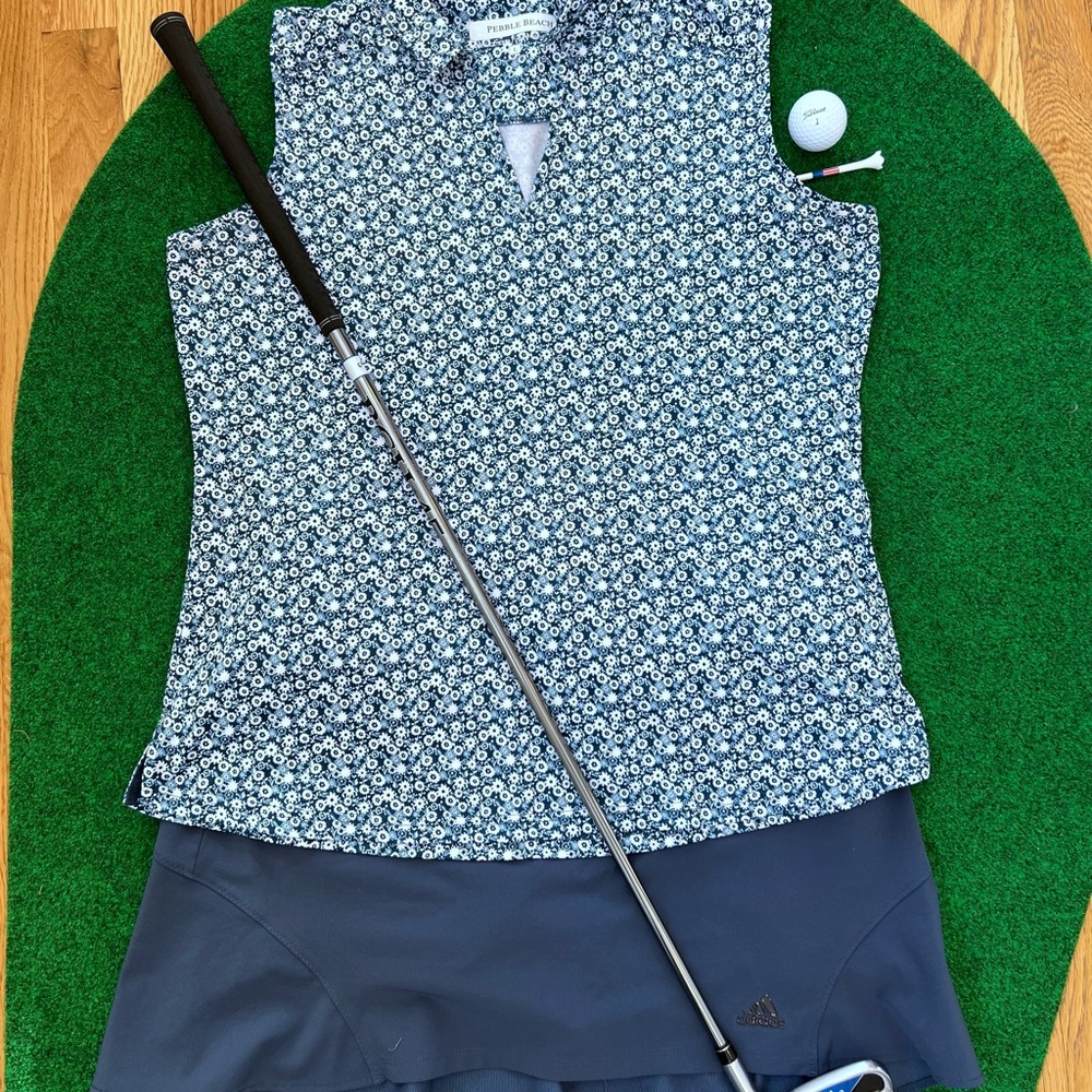 Floral Sleeveless Polo - Navy and White